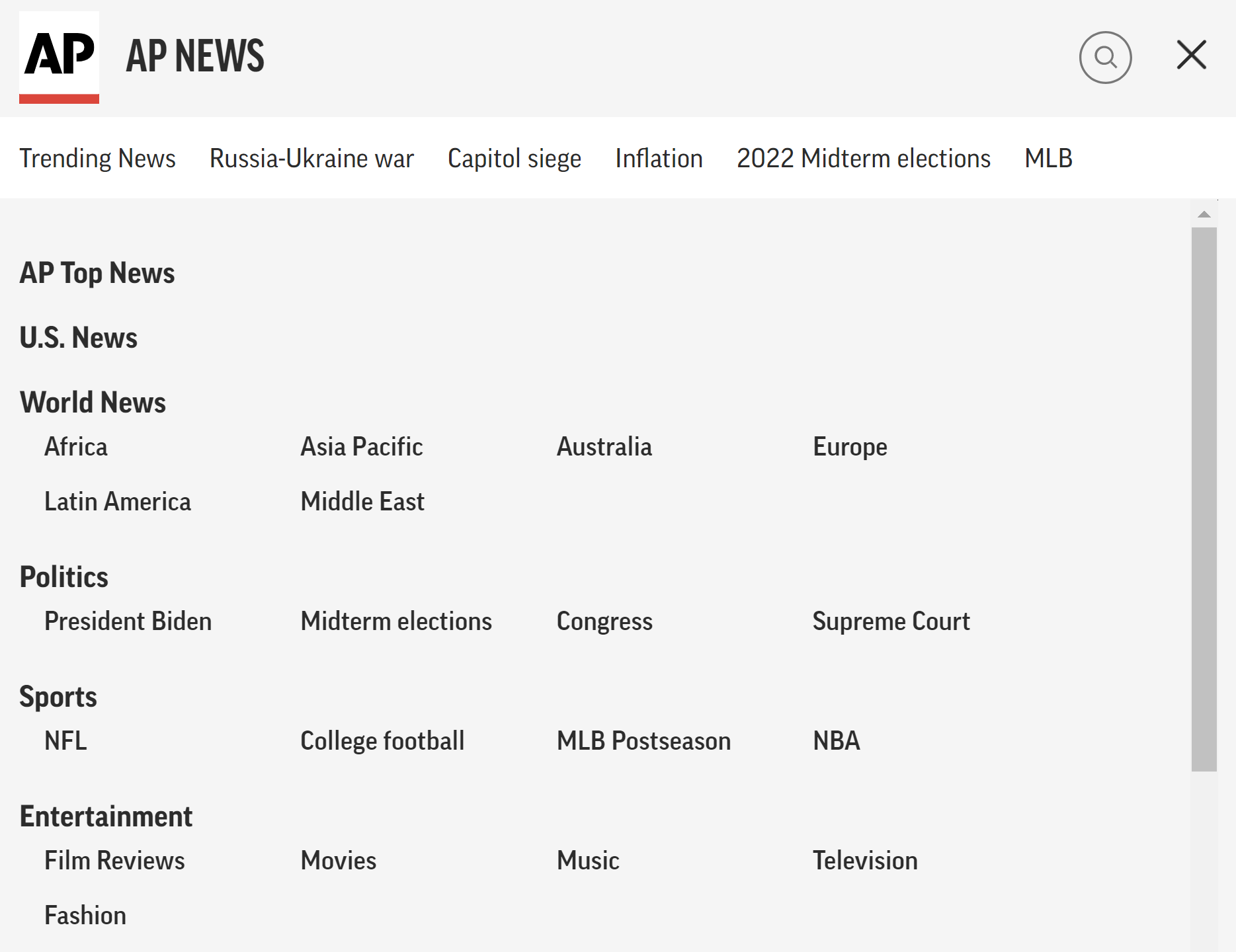 sections on the AP News website